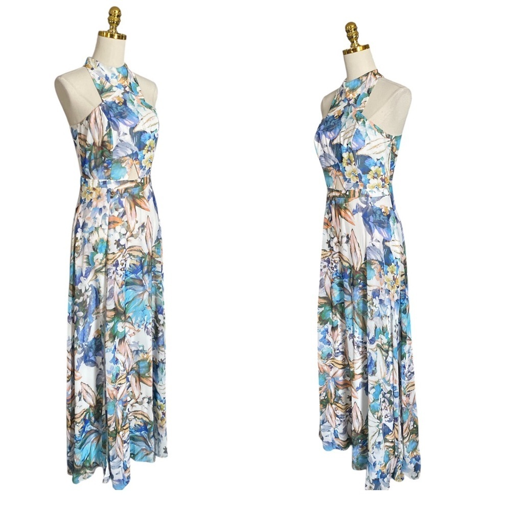 LIV FOSTER Women's Flowy White Floral-Print Cutout Halter Gown Maxi Dress Size 6 - Picture 6 of 11